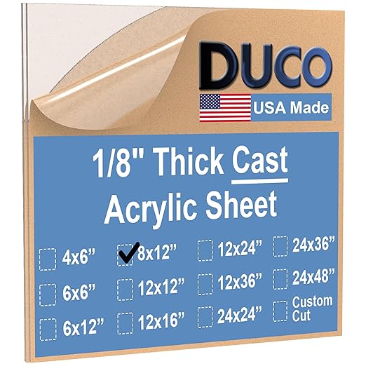 Duco USA-Made Clear Cast Acrylic Sheet 1/8 Inch Thick 8" x 12" - 2 Pack of Transparent Plexiglass Sheet - Lightweight Acrylic Board for Window Replacements, Displays, Signs, and More