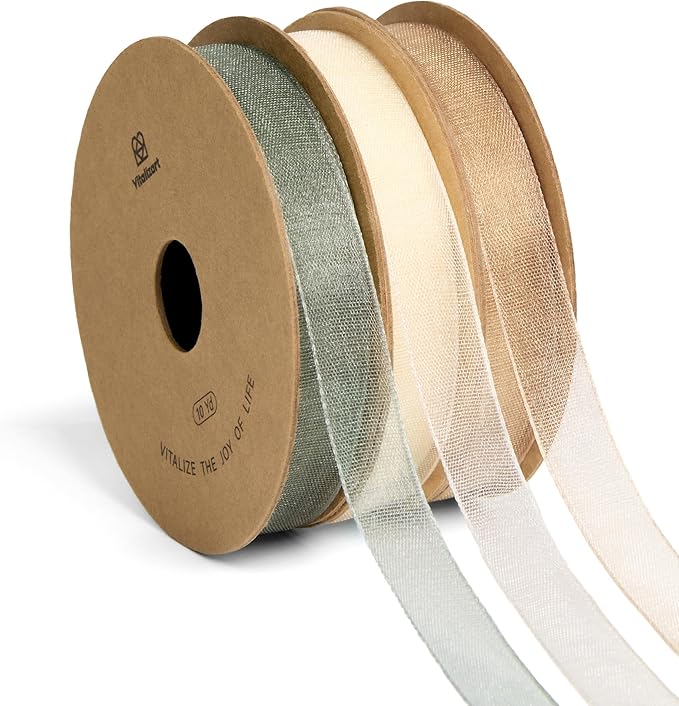 Vitalizart Organza Ribbon 3/8" x 30 Yd Cream White Rose Gold & Dusty Green Sheer Ribbons for Gift Wrapping Crafts Christmas Party Decor Bows Wedding Invitations Wreaths Bouquet