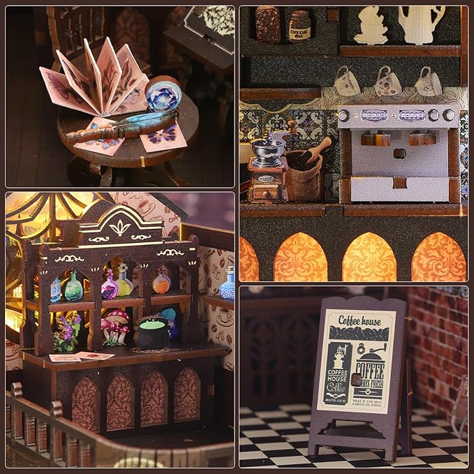 DIY Book Nook Kit, Miniature Dollhouse Bookshelf Insert with Light, Laser-Cut Wooden Craft Set for Adults, Perfect for Teens and Adults, Coffee Shop