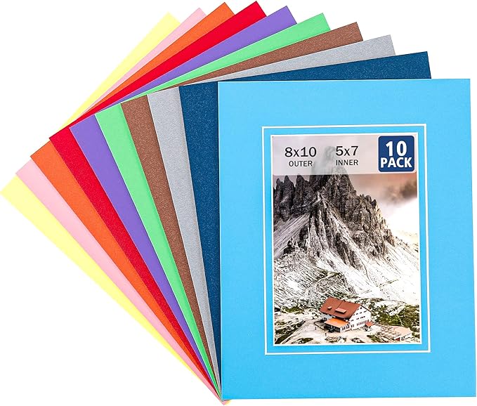 HOTUO 10 Pack 8x10 Mixed Colors Picture Mats, 4 Ply Thickness Frame Mattes for 5x7 Photo, Photo Mat with Core Bevel Cut, for Frames/Artwork/Print/Picture