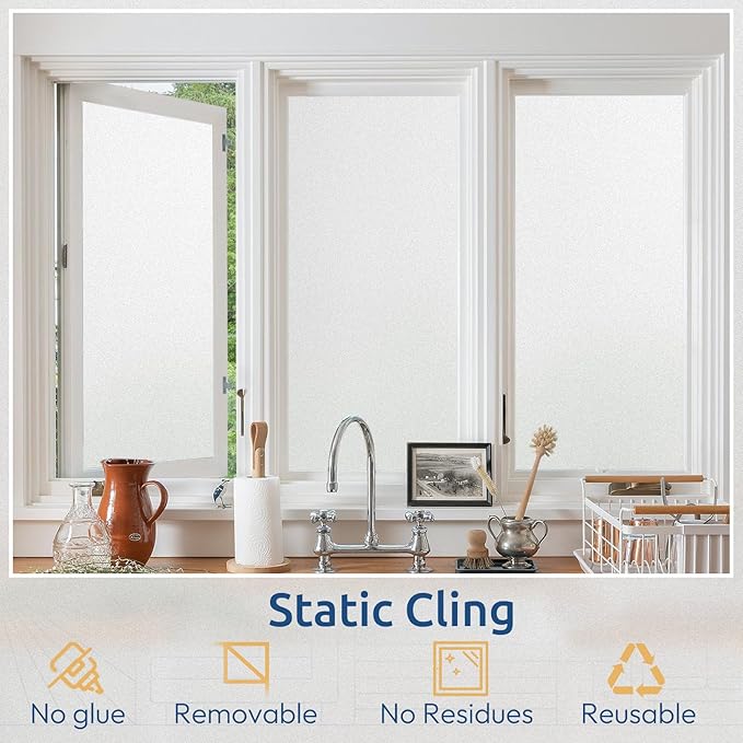 rabbitgoo Window Privacy Film, Non-Adhesive Frosted Glass Window Film for Bathroom, Static Cling Heat Blocking Stickers for Home Indoor Opaque Frosting Coverings House Tint, Matte White 23.6"x 118.1"