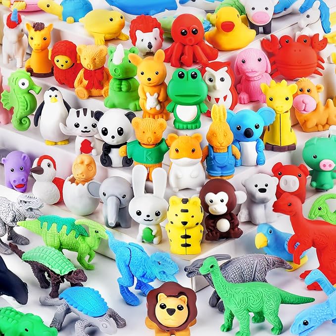 60Pcs Animal Erasers Kids Desk Pets Pencil Erasers 3D Puzzle Bulk Mini Animal Eraser Toys Fun Cute Eraser for Classroom Rewards, Game Prizes, Treasure Box, Easter Egg Fillers