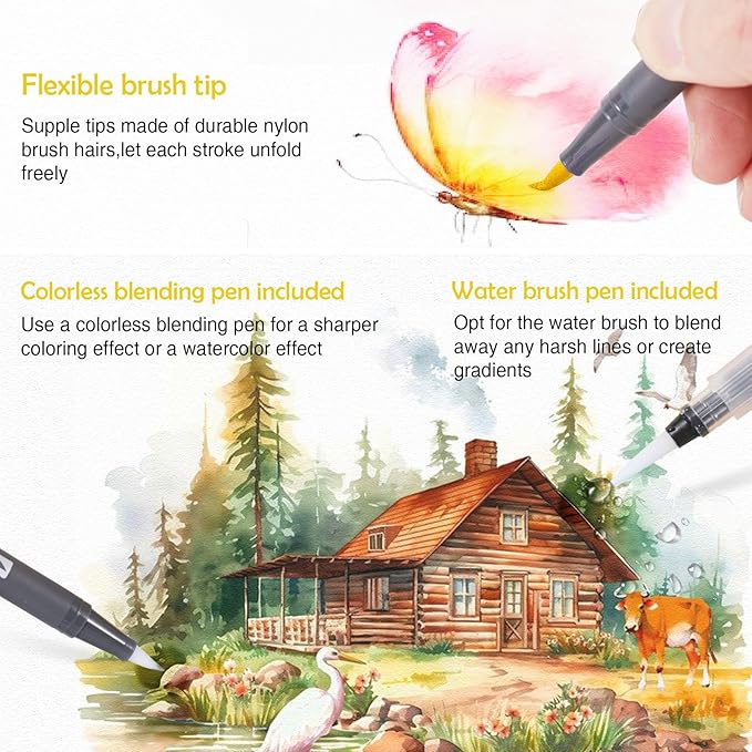 Watercolor Pens Set, 36-Color Dual Tip Paint Markers, Water-Based Coloring Markers with 1 Aquapen, 1 Colorless Blender, 1 Black Marker, and 12-Page Pad, Art Supplies for Artists and Beginners