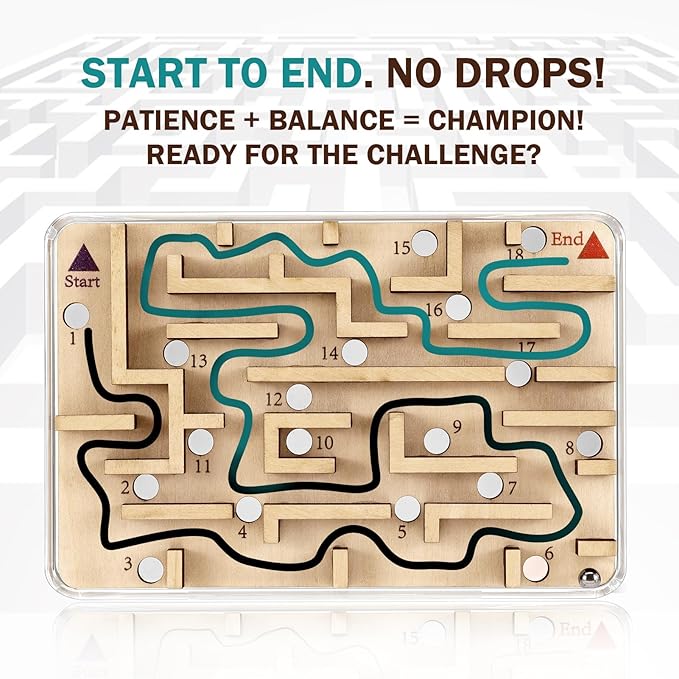 Handheld Fidget Puzzle Game for Kids and Adults - Challenging Wooden Labyrinth Marble Maze for Teen Boys - Fun Brain Teaser Puzzle Fidget Toys for Travel Stocking Stuffer Party Favor for Kids Ages 8+
