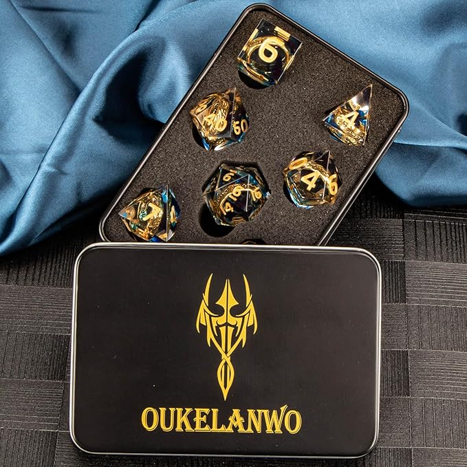 OUKELANWO Magic Lord Rings DND Dice Set with Box, 7Pcs Resin LOTR D&D Dice Set for Role Playing Game, Blue Gold Dungeons Dragons D and D Sharp Edge Dice D20 D12 D10 D8 D6 D4