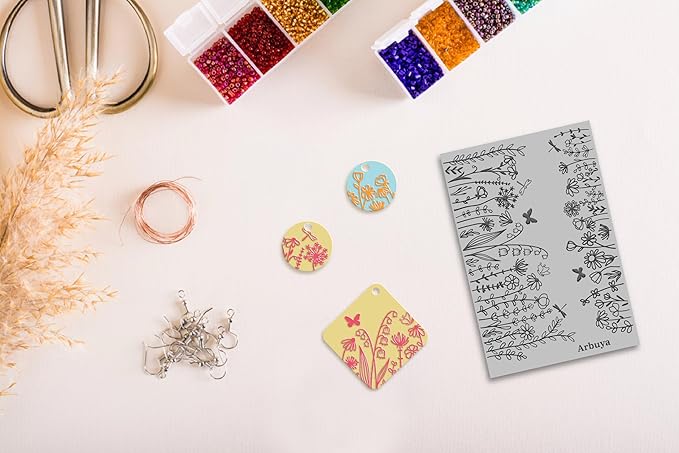 Arbuya Polymer Clay Wildflowers Dandelion Texture Sheets for Earrings Jewelry Making, Clay Flowers Texture Mats for Polymer Clay Projects Floral Stamps for Clay Earrings Tools