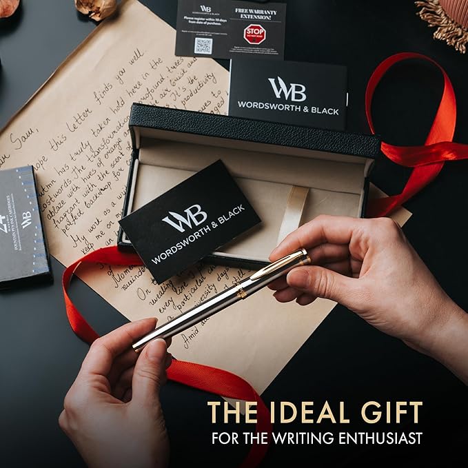 Wordsworth & Black Fountain Pen Set, 18K Gilded Bent Nib, Includes 24 Pack Ink Cartridges, Ink Refill Converter & Gift Box, Gold Finish, Calligraphy, [Silver Gold], Perfect for Men & Women