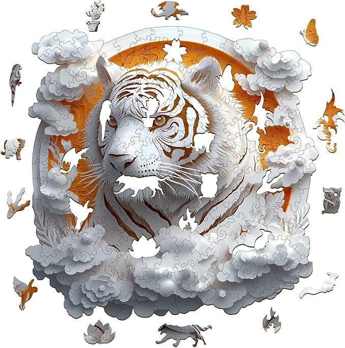 Wooden Puzzles Adults, 3D Paper Tiger Wooden Puzzles 200 Pieces, Unique Animal Shaped Wood Challenging Jigsaw Puzzles Gifts for Adults, 11.4x11.4in