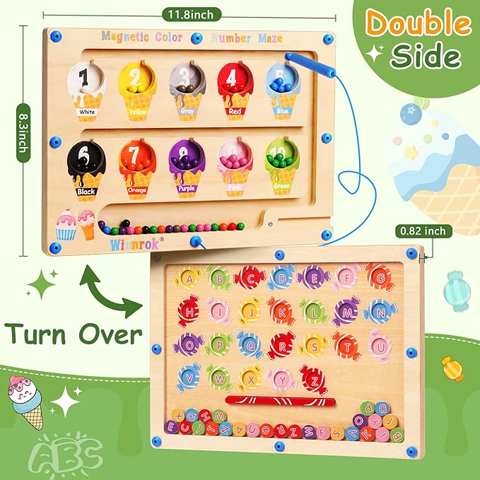 2 in 1 Double Side Magnetic Color and Number Maze, Montessori Magnetic Alphabet Maze Board Toys 3-5 Years Old, Wood Magnet Puzzle Learning Counting Matching Toys for 3 4 5 Todders Kids Girls Boys