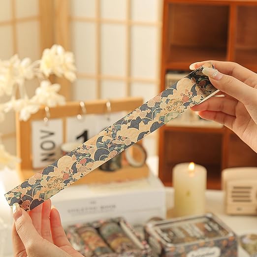 12 Rolls Kyoto Charm Washi Tape Set Japanese Arts Adhesive Tapes Geometric Garden Decorative Masking Tape Sets for Craft, Kids, Scrapbook, DIY, Gift Wrapping (Azure Tranquility)