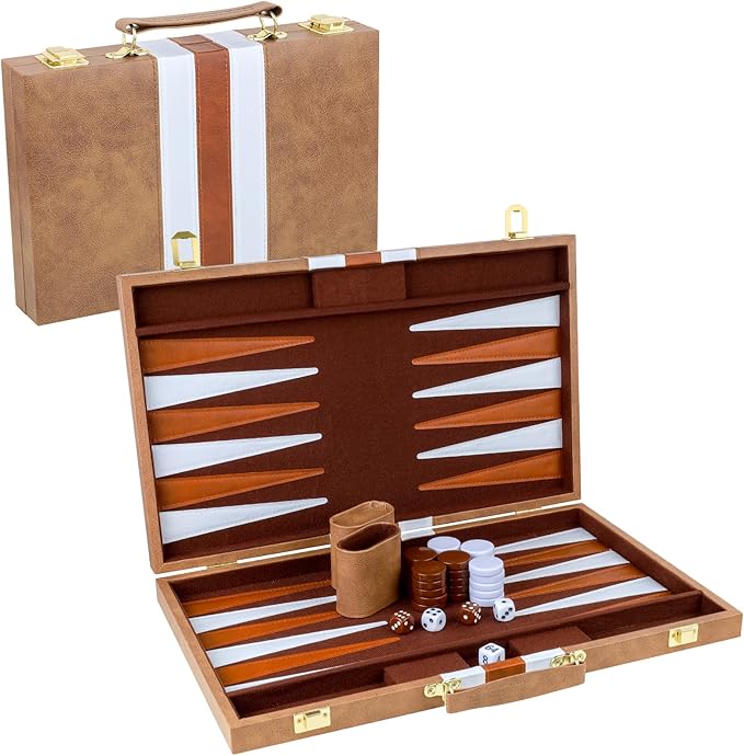 Backgammon Set 2 Players Classic Backgammon Sets for Adults Board Game with PU Leather Case Portable and Travel Backgammon Set (Retro Brown, 18inch)