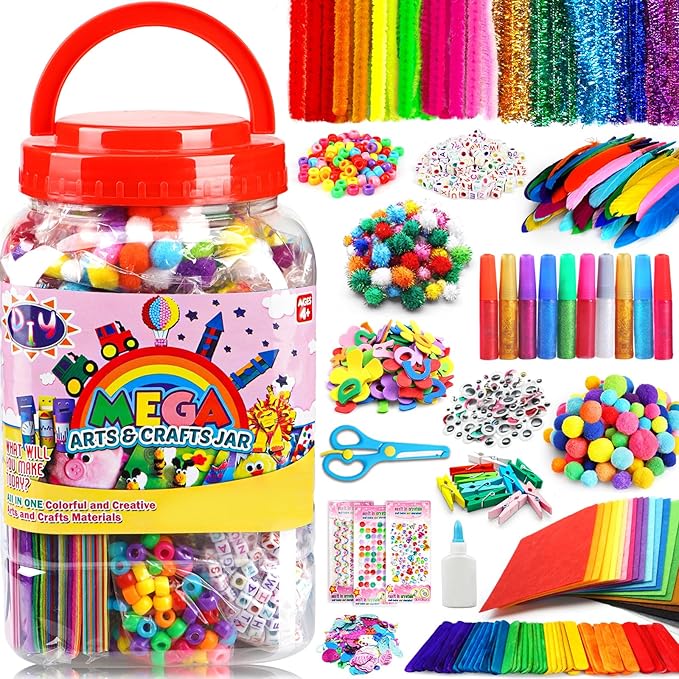 FUNZBO Arts and Crafts Supplies for Kids -Kids Craft Kit with Pipe Cleaners, Popsicle Sticks, Pompoms & Stickers, All in One Homeschool Supplies, Toys Crafts for Girls Boys Age 4+