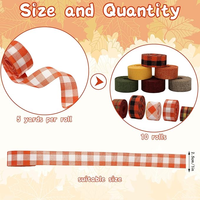 10 Rolls 50 Yard Fall Plaid Burlap Ribbon Rolls 1 Inch Autumn Gift Wrapping Ribbon Decorative for DIY Crafts Wreath Bow Making Supplies Home Decor