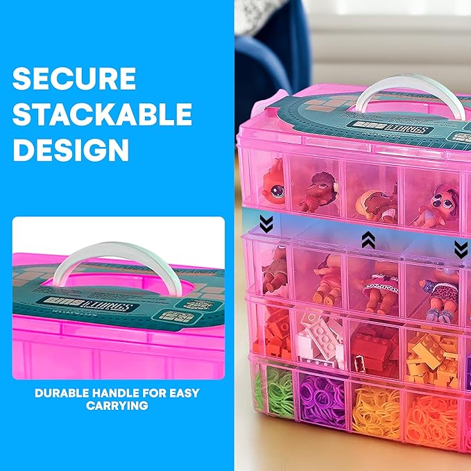 Bins & Things Bead Organizer with Adjustable Compartments - Durable Toy Organizers and Storage Solution for Dolls, Crafts, Mini Toy Figures, Jewelry and Beads - 4 Tier, 40 Compartments, Pink