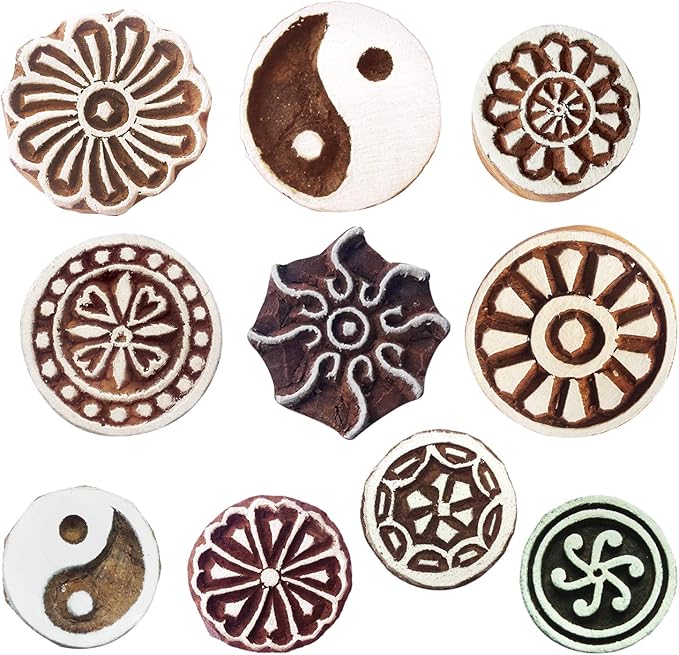 Royal Kraft Round Wooden Printing Stamps (Set of 10) - DIY Henna Fabric Textile Paper Clay Pottery Blocks Htag2164