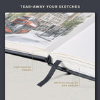 Beechmore Books Square Sketchbook – 8x8 Premium Vegan Leather Bound Large Sketch Book Hardcover with 156 Thick 160gsm Perforated Ivory Pages, Blank Sketch Pad, Gift Boxed Back Pocket, Ribbon Bookmark