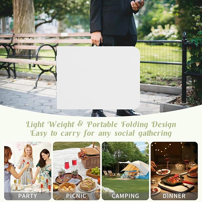 2 Pack 6 FT Folding Tables White Foldable Table, Fold-in-Half with Carrying Handle Portable Plastic Rectangular Table for Party, Dining, Wedding, Camping, Picnic, Indoor Outdoor Events