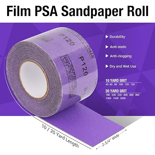 800 Grit PSA Purple Film Ceramic Sandpaper Roll, 2-3/4" Wide Continuous 20 Yard Longboard Sanding Roll Wet Dry Sanding Blocks Self Adhesive Sticky Back Sanding Sheets for Woodworking Automotive