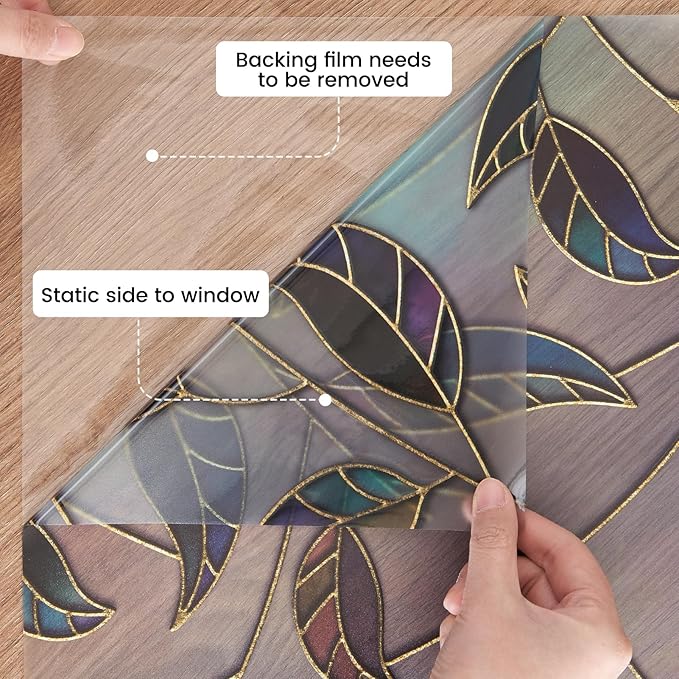 DKTIE Static Cling Decorative Window Film Vinyl Non Adhesive Privacy Film with Installation Kit, Multilayer UV Inkjet Technology, 3D Thickened Stained Film, Vintage Leaf Pattern, 17.7 x 78.7 Inches