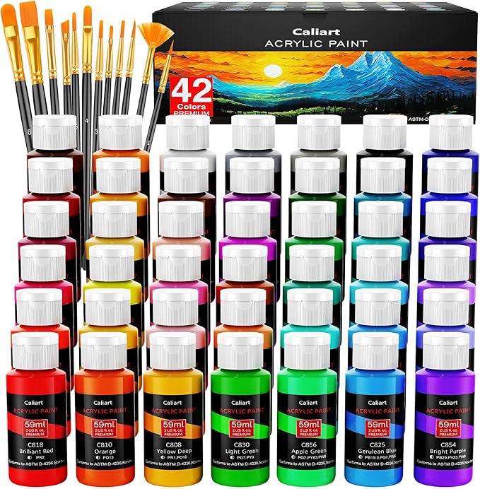Caliart Acrylic Paint Set with 12 Brushes, 42 Colors (59ml, 2oz) Art Craft Paints Gifts for Adults Artists Beginners Painters, Halloween Pumpkin Canvas Ceramic Rock Painting Kit Art Supplies