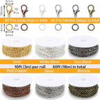 Jishi Chains Jewelry Making Supplies, 60ft Cable Link Chains for Making Jewelry Necklace Earring Bracelet Findings DIY Craft Kit for Adults, 6-Color 2mm Gold Silver Copper Plated Metal Link Rolls Bulk