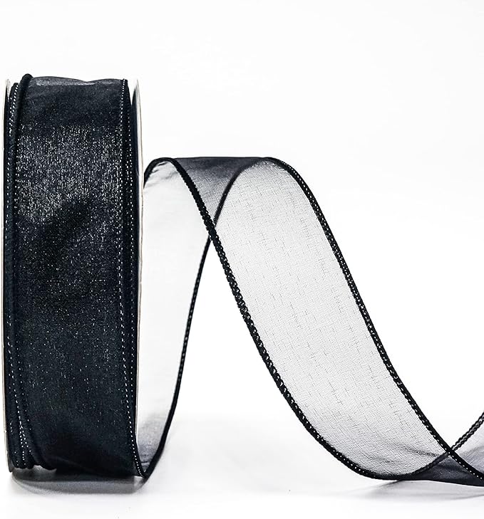 CT CRAFT LLC Sheer Organza Wired Ribbon 1.5" x 50Yards Black for Wedding Chair Bow Flora Bouquet Gift Wrapping Christmas Tree Home Decor Wreath