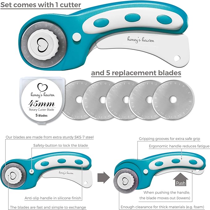 Rotary Cutter Set turquoise - Quilting Kit incl. 45mm Fabric Cutter, 5 Replacement Blades, A3 Cutting Mat, Acrylic Ruler and Craft Clips - Ideal for Crafting, Sewing, Patchworking, Crochet & Knitting