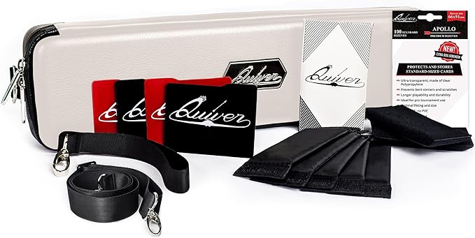 Quiver Time White Quiver Card Carrying Case - TCG Cards Deck Box Holder for Trading Cards, MTG Bag Playing Card Case (+Wrist & Shoulder Strap, Dividers, Separators, Corner Pads + 100 Apollo Sleeves)