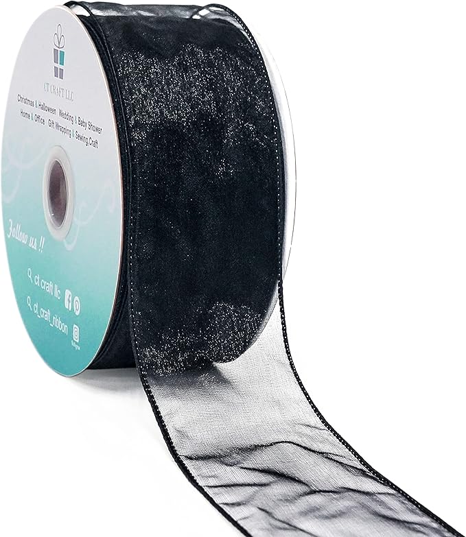 CT CRAFT LLC Sheer Organza Wired Ribbon 2.5" x 50Yards Black for Wedding Chair Bow Flora Bouquet Gift Wrapping Christmas Tree Home Decor Wreath