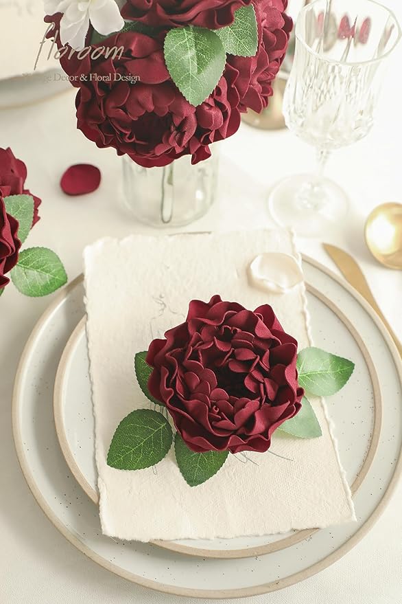 Floroom Artificial Flowers 16pcs 4" Burgundy Blooming Peonies Real Looking Foam Fake Peony with Stems for DIY Wedding Bouquets Dark Red Bridal Shower Centerpieces Floral Arrangements Tables Decoration