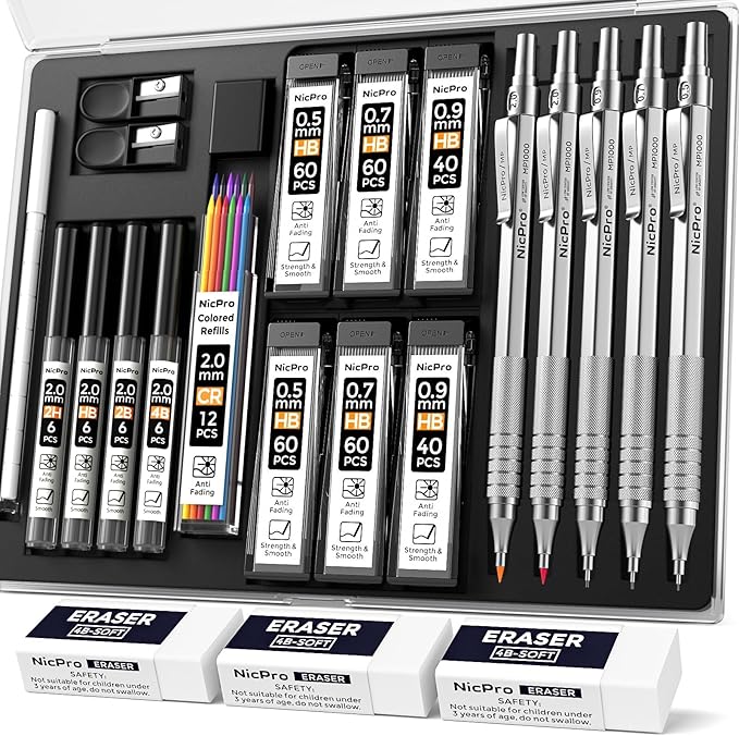Nicpro 22PCS Metal Mechanical Pencil Set in Case, Art Drafting Pencil 0.5, 0.7, 0.9 mm & 2 PCS 2mm Mechanical Drawing Pencils with 396PCS Leads (4B 2B HB 2H Colored) for Drawing Writing Sketching