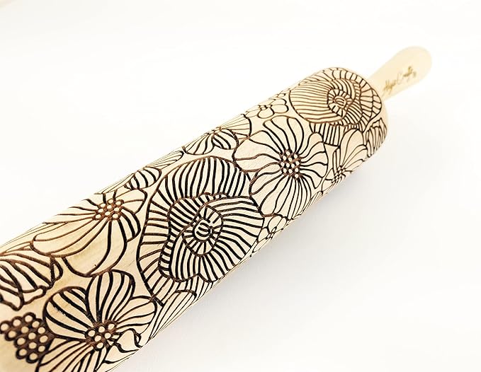 POPPY Embossing Rolling Pin with Wildflower Corn Poppies Pattern. Dough roller for embossed cookies and Pottery by Algis Crafts