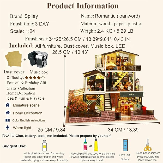 Spilay Dollhouse DIY Miniature Wooden Furniture Kit,Mini Handmade Big Castle Model,1:24 Scale Creative Doll House Toys for Adult Gift