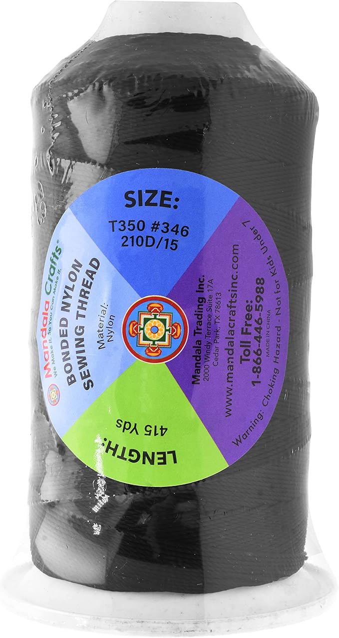 Mandala Crafts Bonded Nylon Thread Black Heavy Duty Sewing Threads - 415 YDs Size 346 210D T350 Tex 350 Thread for Leather Jeans Weaving Outdoor Marine Upholstery Threads