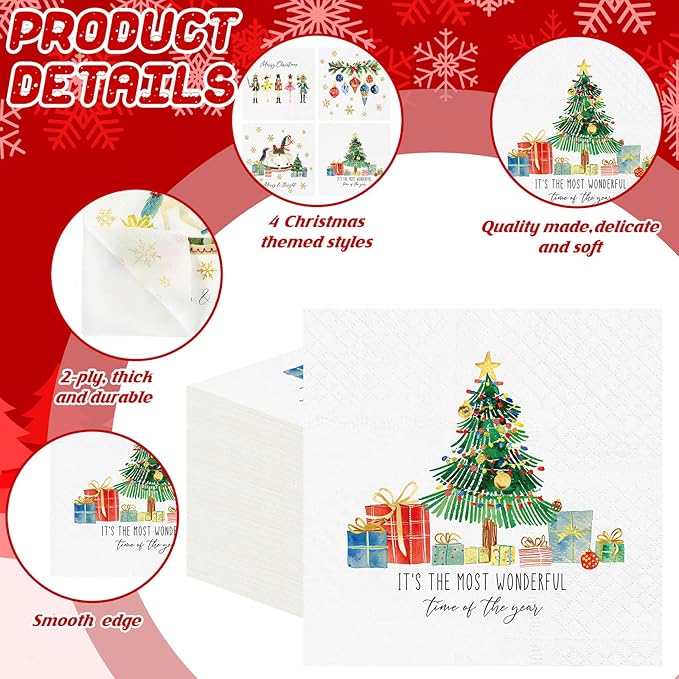 Janlaugh 200 Pcs Christmas Paper Cocktail Napkins Disposable 2 Ply Xmas Style Decoupage Beverage Napkins for Xmas Holiday Winter Dinner Table Decor (Lovely Style)
