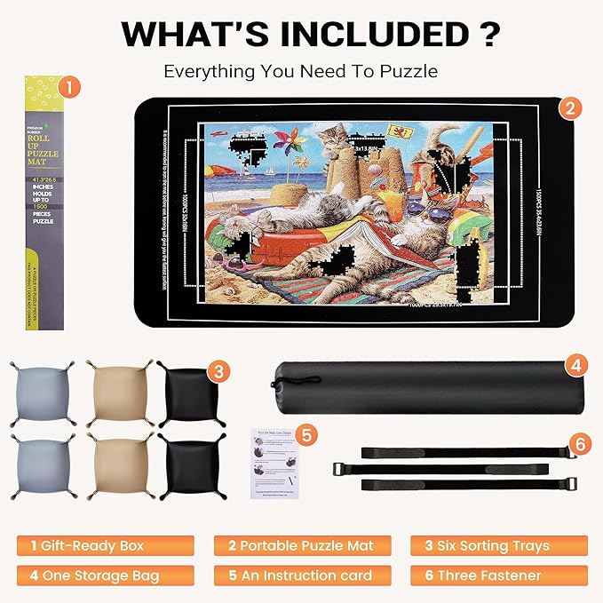 Lwoeo Jigsaw Puzzle Mat Roll Up, No Creases 53.3” x 35” Rubber Saver Pad Up to 3000 Pieces, Black Large Puzzel Matte Rollup with 6 Sorting Trays & 1 Storage Bag. Ideal for Holiday and Birthday