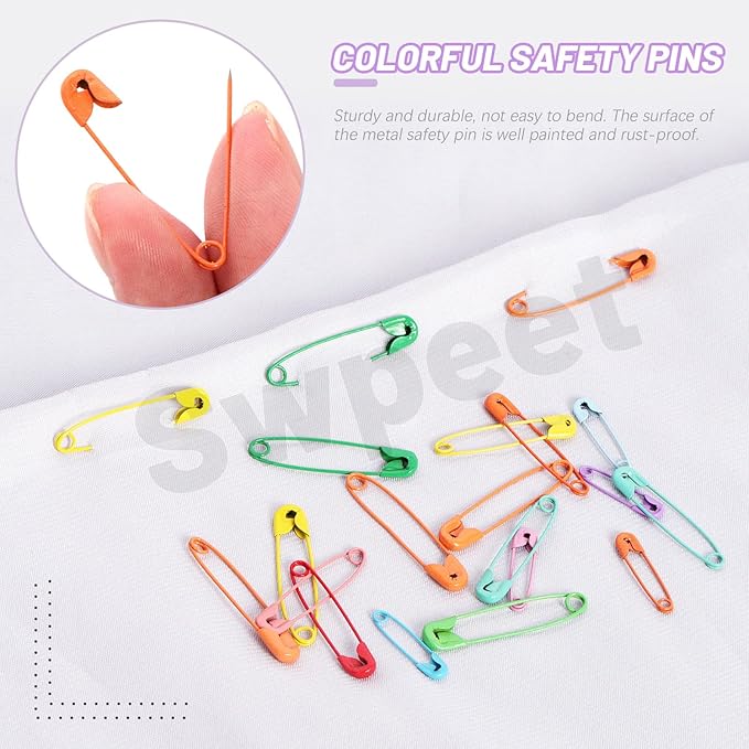 Swpeet 495Pcs 3 Sizes 19mm 28mm 32mm Colorful Safety Pins Assortment Kit, Rust Resistant Steel Small Safety Pin Kit with Clear Case, Mini Safety Pins for Sewing, Clothes, Craft Arts
