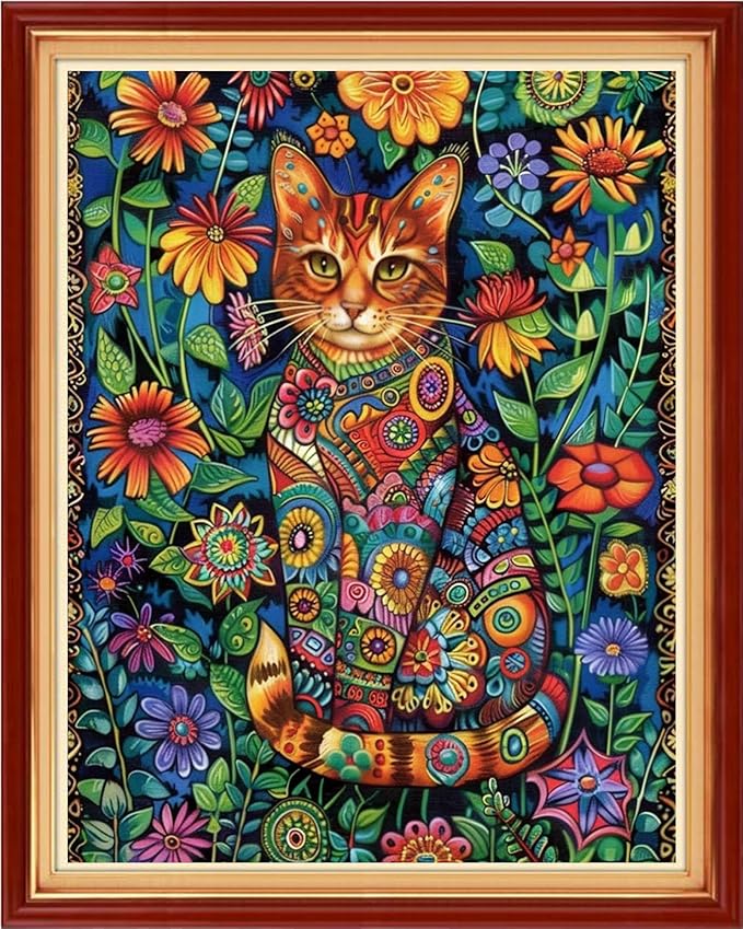 Funchey Stamped Cross Stitch Kits, DIY Cross Stitch Pattern for Adults Beginners Needlepoint Kits Embroidery Kit Arts and Crafts 11CT-Magic Cat Flower 16x20 inch
