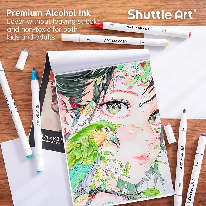 Shuttle Art 30 Colors Dual Tip Art Markers Permanent Marker Pens Highlighters Perfect for Illustration Adult Coloring Sketching and Card Making