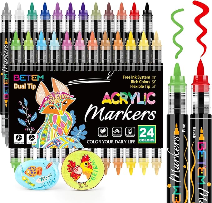 Betem Acrylic Paint Markers Paint Pens, 24 Colors Dual Tip Direct Liquid Acrylic Markers with Automatic Ink Control System, Fine & Brush Tip Art Supplies for Rocks, Wood, Stone, Fabrics, DIY Craft