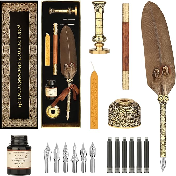 GC QUILL Calligraphy Set - 18pcs With Dual Tip Fountain Pen, Feather Dip Pen, Stamp, Wax Candle, Pen Base, Ink Bottle, Cartridges
