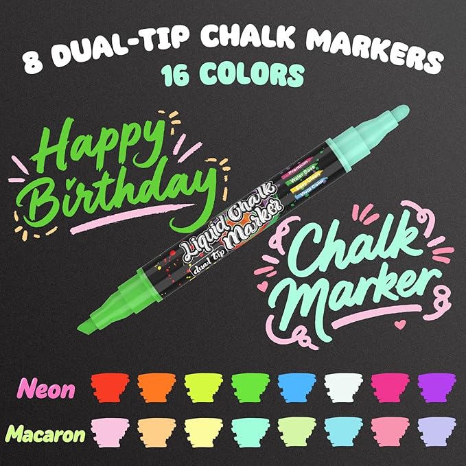 AKARUED Chalk Markers for Blackboard: 16 Colors 8 Pack Dual Tip Liquid Chalk Markers for Chalkboard, Calendar Menu Board Erasable Chalk Pens for Glass, Mirrors, Wedding Sign, Car Windows Decorations