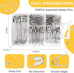 Huhuhero 150Pcs Safety Pins, Large & Small Safety Pins for Clothes Sewing Craft, Nickel Plated Steel Assorted Size Pins Bulk, Art and Craft Supplies (Sliver)