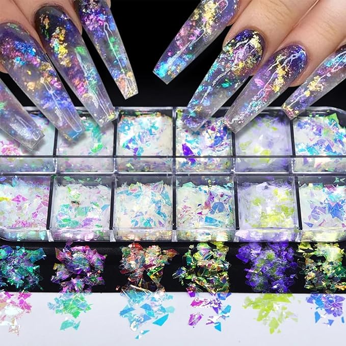 12 Colors Holographic Glitter Nail Art Sequins Aurora Iridescent Nail Flakes Glitter Chameleon Flakes Irregular Ice Slag Glass Paper Ultra Thin Mermaid Nail Glitter for Nail Art Make-up DIY Decoration