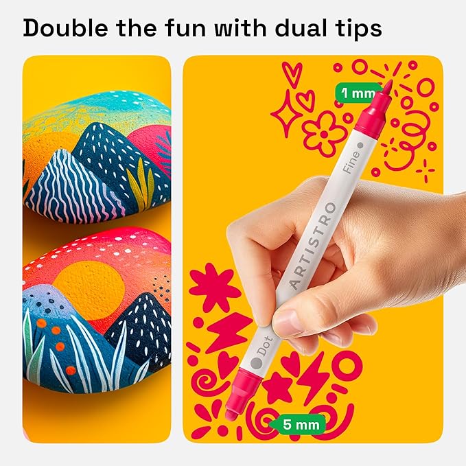 ARTISTRO Vibrant Acrylic Paint Markers for Rock, Fabric, Glass, Wood, Paper, Ceramic, Canvas & More - 48 Dual-Tip Paint Pens (Dot & Fine) - Quick Dry, Teacher Classrooms Must Have, Drawing Markers