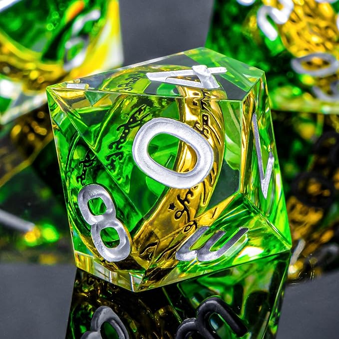 OUKELANWO Magic Lord Rings DND Dice Set with Box, 7Pcs Resin LOTR D&D Dice Set for Role Playing Game, Green Dungeons Dragons D and D Sharp Edge Dice D20 D12 D10 D8 D6 D4