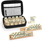 Jumbo Dominos Set for Adults with 4 Wooden Racks/Trays, Double 6 Dominoes Travel Set with Portable Case Double Six Dominoes Set with 4 Tiles Holders, 28 Tiles Dominos Set for Family Board Games
