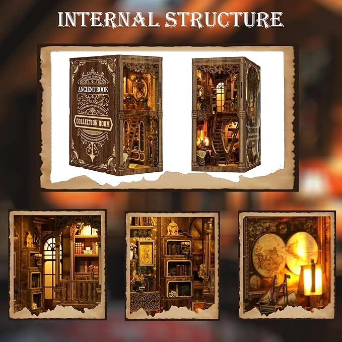 Book Nook Kits for Adult, DIY Miniature House Kit 3D Wooden Puzzles Miniature House Booknooks Dollhouse Bookend Bookshelf Insert Decor with LED Light Gift - Ancient Book Collection Room
