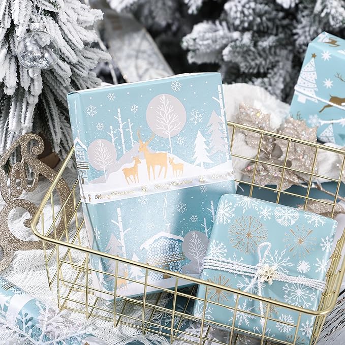 WRAPAHOLIC 30 Inch Christmas Wrapping Paper Roll - Jumbo Roll Blue and Silver Reindeer, Christmas Tree, Snowflake Holiday Design Printed on Pearlized Paper - 4 Rolls - 30 Inch x 120 Inch Per Roll