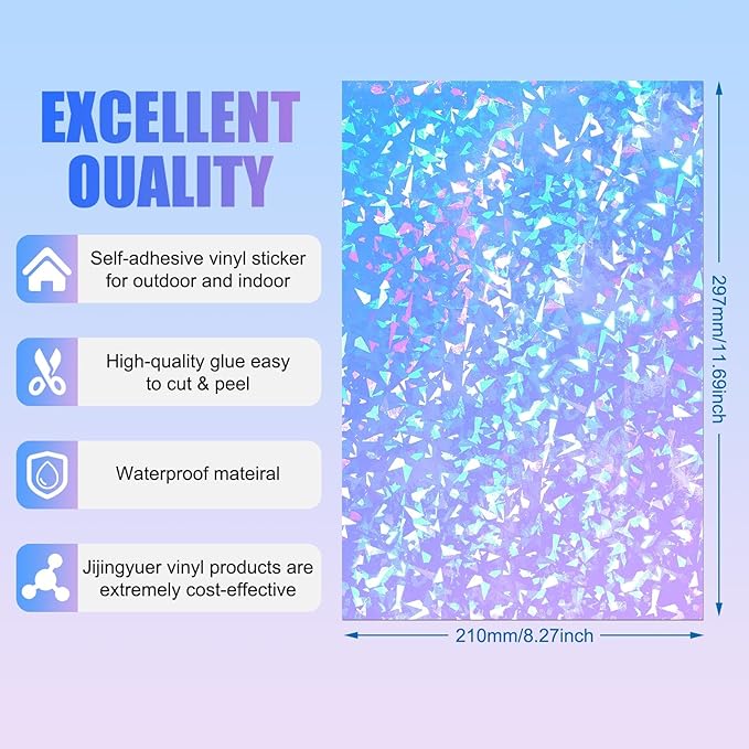 Teling 90 Sheets Holographic Sticker Paper Transparent A4 Vinyl Holographic Sticker Laminate Sheets Clear Overlay Lamination Film Paper Self Adhesive Waterproof with Gem Spot Rainbow Star Pattern